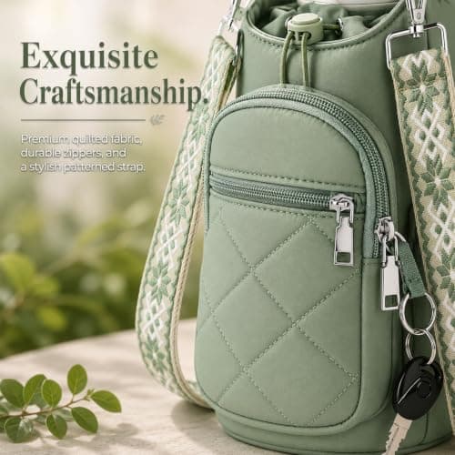 Cosblisvia water bottle holder, small water bottle for handbag, carrier bags With Insulated Pocket Strap For Women Men Students, Walking Travel Gym Beach Commute, Green — view 6