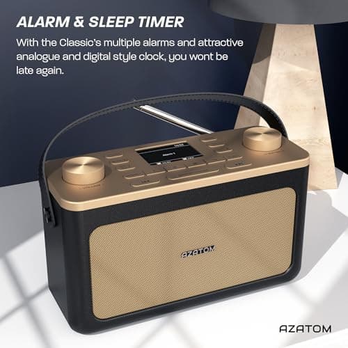 DAB/DAB+ & FM Portable Digital Radio | Leather Design | Bluetooth | Battery & Mains Powered (4x”C”) | Dual Alarms & Sleep Timer | Perfect for Home, Office or Outdoors | AZATOM Classic (Black/Gold) — view 4