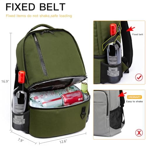 TUGUAN Insulated Cooler Backpack 28L Leakproof Cool Bag Rucksack Double Deck Bottom Thermal Compartment 16 Cans Picnic Backpack for Lunch, Beach, Camping, Green — view 5