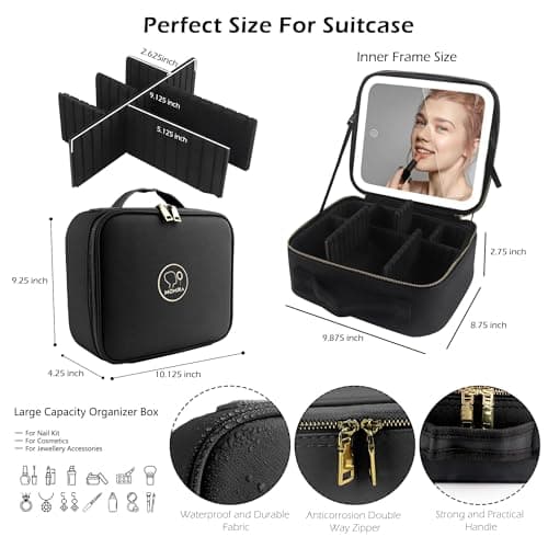 MOMIRA Travel Makeup Bag Cosmetic Bag Makeup Organizer Bag with Lighted Mirror, Adjustable Brightness in 3 Color Scenarios, Waterproof Makeup Train Case, Gift for Women - Black — view 2