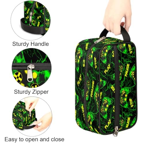 Travel Toiletry Bag for Boys Kids - Green Video Game Waterproof Hanging Dopp Kit for Men, Shaving Bag with Large Capacity for Bathroom, Sports, Shower — view 3