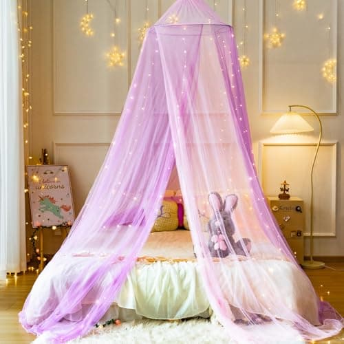 Wnqou Mosquito Net for Bed, Large Dome Canopy Mosquito Net for Single/Double Bed, Girls Room Drcor,Easy Installation for Travel and Home (Pink Purple+Lights)