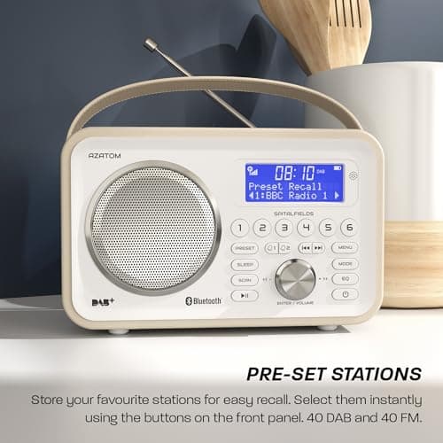 DAB/DAB+ & FM Portable Digital Radio | Leather Design | Bluetooth | Rechargeable Battery | Dual Alarms & Sleep Timer | Perfect for Home, Office or Outdoors | AZATOM Spitalfields 2 (White) — view 5