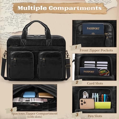 RAINSMORE Messenger Bags for Men Vintage Briefcase PU Leather Laptop Bag 15.6 Inch Satchel Bag for Work Business Office College Trip School Black/Brown/Dark Brown Black — view 3