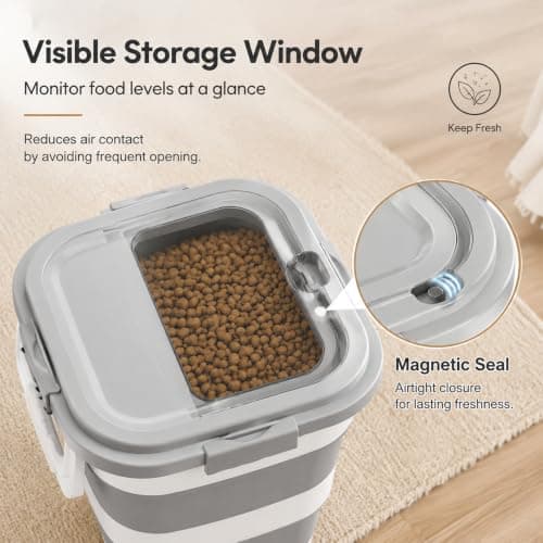 SANNAX Collapsible Pet Food Storage Container 22-24 lbs, Airtight Foldable Dog Cat Dry Food Bin with Detachable Wheels, Handle, Scoop & 1000ml Jar, Space Saving Kitchen Organiser – Grey White — view 4