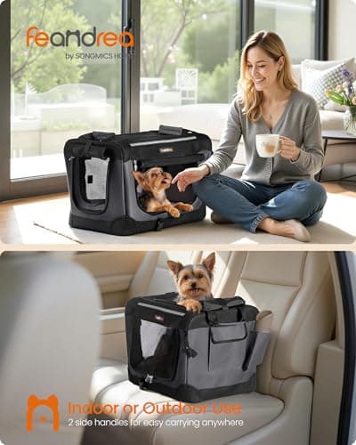 Feandrea Collapsible Dog Crate, Portable Pet Travel Crate for Small Dogs, 50 x 35 x 35 cm, Oxford Fabric Pet Carrier with Mesh Doors, Storage Pocket, Ink Black PDC015BH02 — view 2