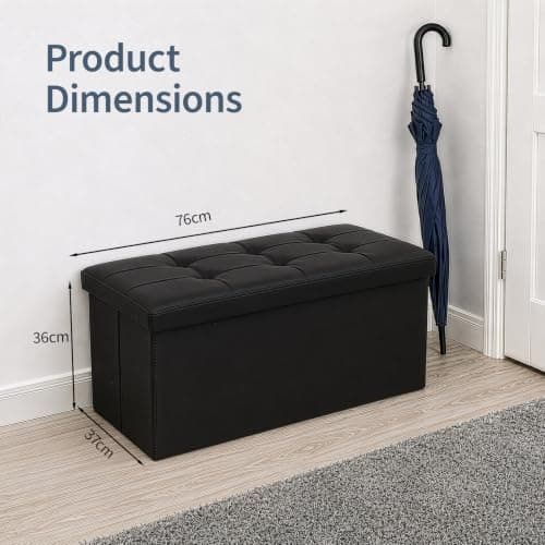 CROWNSHOP Ottoman Storage Bench Footrest Stool Seat Toy Chest Storage Box Folding with Lid Long Shoes Bench Footstool Suitable for Living Room (Black, Faux leather) — view 3