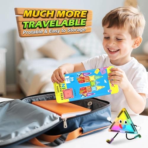 Mini Magnetic Tiles Travel Set with Metal Tin Box, Building Toys for Kids Ages 3-8 Portable Montessori STEM Travel Toys for Boys & Girls Christmas Birthday Gifts — view 4