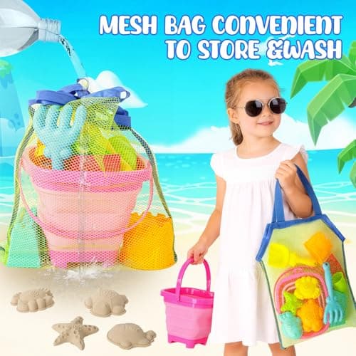 Beach Sand Toys for Kids,12 PCS Collapsible Beach Toys Set and Spade Set with Mesh Bag,Castle&Aninal Moulds ,Travel Beach Essentials for Children,Gardening Beach Outdoor Toys for Boys Girls (Pink) — view 3