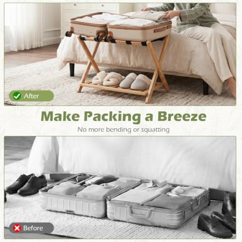 COSTWAY Bamboo Luggage Rack, Folding Suitcase Stand (Natural+Black, 1PC) — view 6