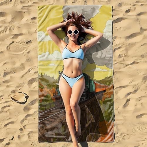 Vintage Train Travel Poster Beach Towel Retro Railroad Gifts for Train Lover Microfiber Sand Free Quick Dry Travel Bath Towel (style2,130cm x 80cm) — view 4