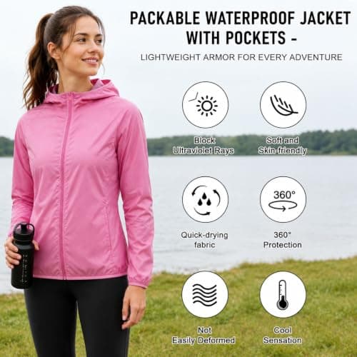 ADUDVLO Men's Lightweight Waterproof Jacket with Pockets, Packable Hooded Windproof Rain Jacket for Travel, Running & Hiking – Includes Carry Pouch (UK, Alpha, S, Regular, Regular, Pink) — view 3