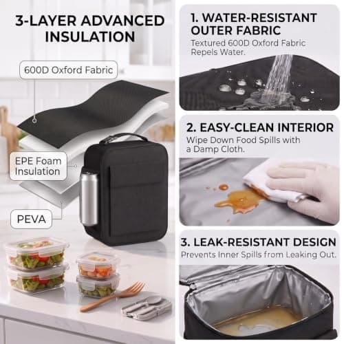 WOOFOOW Leakproof Insulated Lunch Bag for Men/Boys/Women, Large Capacity Packed Lunch Box Adults, Durable Thermal Lunch Cool Bag for Work, School, Travel (27 × 23 × 11 cm) — view 4