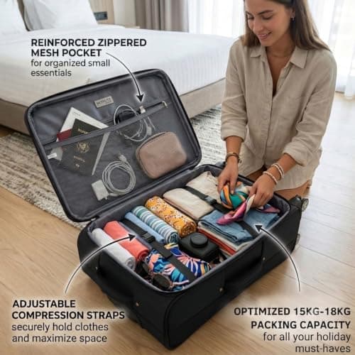 DK Luggage Ultra Lightweight Only 2.9kg Medium 24 Inch Soft Shell Suitcase, 4 Wheel Spinner, Checked Luggage, 15kg–20kg Capacity, Expandable Travel Case (WLS Black, Medium) — view 6