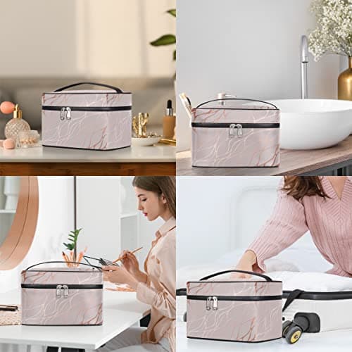 Makeup Bag Rose Gold Marble Travel Cosmetic Bags Vanity Case Portable Cosmetics Make Up Bag Zipper Pouch Case Organizer Waterproof Cosmetic Bags for Women Girls — view 6