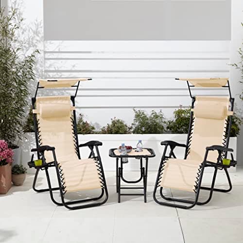 Neo 3pcs Folding Portable Zero Gravity Chairs Sun Lounger Table Set Cup Holders Reclining Garden Patio Outdoor Camping (Cream) — view 2