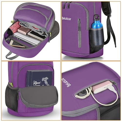 Bekahizar 20L Ultra Lightweight Backpack Foldable Hiking Daypack Rucksack Water Resistant Travel Day Bag for Men Women Kids Outdoor Camping Mountaineering Walking Cycling Climbing (Purple) — view 4