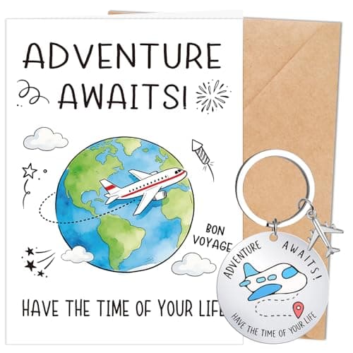 Luvart Adventure Awaits Good Luck Card - Bon Voyage Travel Greeting Card with Keychain Safe Travels Farewell Gifts Good Luck on Your New Adventure Gifts for Friends New Job Moving Away Gap Year