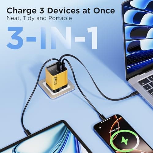 65W USB C Charger, GaN Fast Charging Plug with Retractable USB C Cable 0.7m, 2 USB C + USB A Ports, Compatible with MacBook Pro Air, iPhone 17 16 15 Pro Max, iPad, Samsung Galaxy S25 Ultra S24 — view 3
