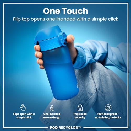 ION8 Kids Water Bottle, 350 ml/12 oz, Leak Proof, Easy to Open, Secure Lock, Dishwasher Safe, BPA Free, Carry Handle, Hygienic Flip Cover, Easy Clean, Odour Free, Carbon Neutral, Blue — view 3