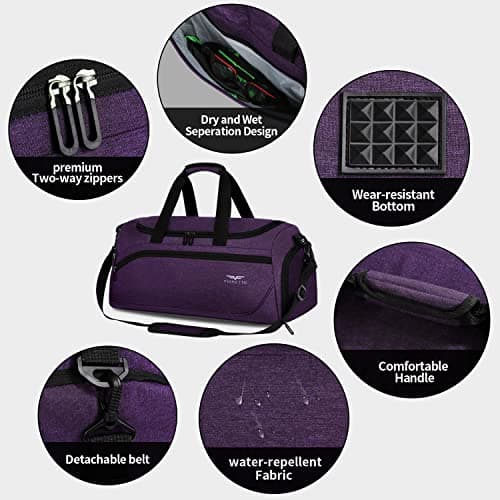 FIORETTO 35L Mens Sports Gym Bag with Wet Pocket & Shoe Compartment,Travel Duffle Bag Overnight Bag with Padded Shoulder Strap, Water-Resistant Sports Holdall for Swimming, Basketball Dark Purple — view 6