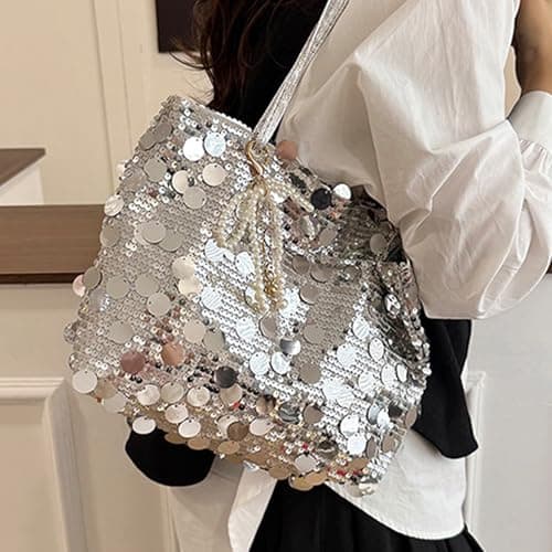 [Uitndvyte] Large Capacity Glitter Sequin Tote Bag Trendy Shoulder Bag Purse Handbag Shopping Beach Closure Large Capacity Hobo Bag, gold — view 2