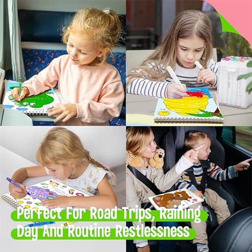 SpriteGru Road Trip Coloring Kit, 50 Coloring Pages with 940 Decorative Stickers & 12 Crayons, Mess-Free Travel Sticker Collage Activity DIY Dotty Animals Travel Art Craft Kit for Kids, Toddlers — view 6