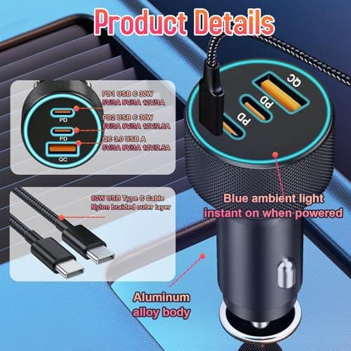 67W Type C Car Charger with 60W Cable, Cigarette Lighter Fast Charging — view 2