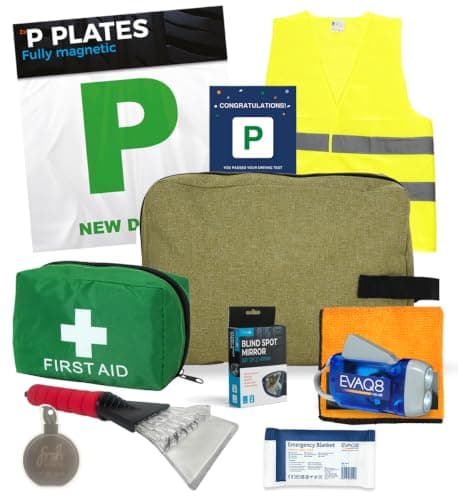 EVAQ8 New Driver Kit | Passed Driving Test Gifts - Magnetic P Plates, First Aid Kit, Hi-Vis Vest, Wind-Up Torch, Ice Scraper, Blind Spot Mirrors & Congratulations Card in Deluxe Gift Bag