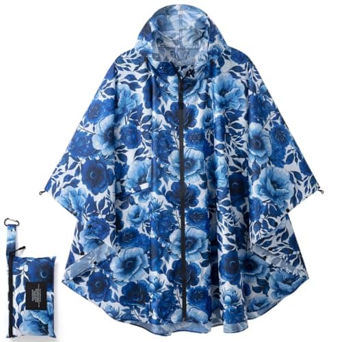 Royalotic Rain Poncho Reusable Adult Waterproof Raincoat with Hood and Zipper, Lightweight Packable Rain Jacket Cape with Pocket for Men and Women (Blue Flower, One Size)