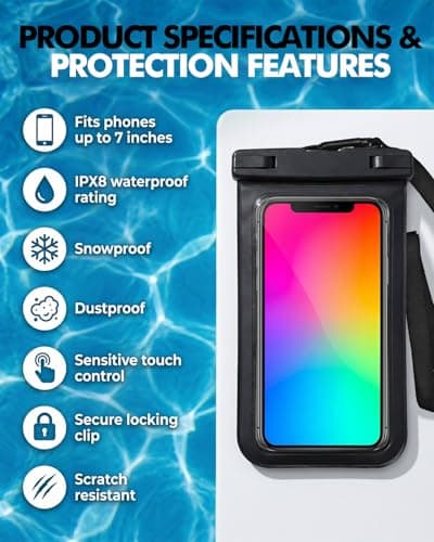 2 Pack IPX8 Waterproof Pouch Bag with Adjustable Strap + Phone Case, Waterproof Waist Bag Pouch Bag & Phone Dry Case for Beach Swimming Boating Camping Hiking, Quick Open Design Fits up to 7.2" Black — view 3
