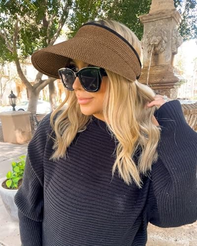 Women's Wide Brim Straw Sun Visor, UV Protection Packable Ponytail Beach Hat, Summer Outdoor Travel Visor Brown — view 6