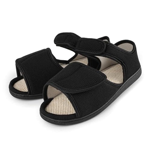TIESTRA Mens Sandals Open Toe Non-Slip Slipper Boots Wide Fit Adjustable Shoes for Indoor & Outdoor Black 10UK-44EU