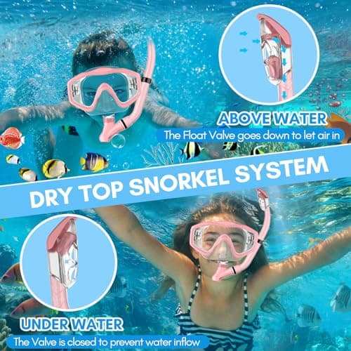 HiiPeak Kids Snorkel Set, Dry Top Snorkel Mask Snorkelling Package, Snorkelling Diving Mask with Breathing Tube Panoramic View Tempered Glass Anti-Fog, Children Swimming Goggles,Snorkeling Gear — view 2