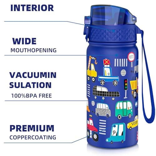GOPPUS 420ml/14oz Kids Insulated Water Bottle with Straw Double Wall Stainless Steel Child's Small Flask Vacuum Metal Leak Proof Drink Flask Boys Toddler Girls BPA-Free (Blue Construction Vehicle) — view 4