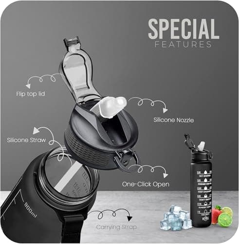 Roe Tenpo Sports Water Bottle with Straw and Time Marking, and 32OZ Capacity - Motivational and Eco-Friendly BPA-Free Bottle for Running, Gym, Yoga, Outdoors, and Camping (Style-1, Black) — view 3