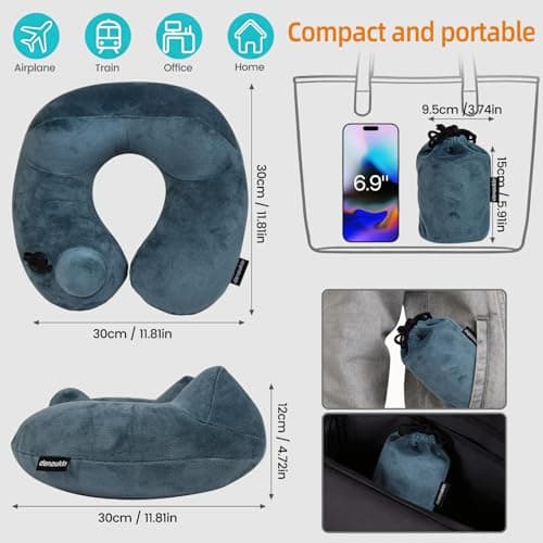 Inflatable Travel Neck Pillow – Soft Velvet Ergonomic U-Shaped Dark Grey — view 5