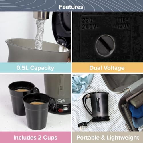 Quest Black Compact Travel Kettle, 0.5 Litres, 600 Watt & Dual Voltage for Worldwide Use, Includes 2 Lightweight Cups, Auto Cut-Off Switch, Fits in Bags & Suitcases (35690) — view 3
