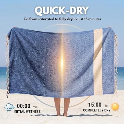 Blue Beach Turkish Towel - Travel Towel100x180cm Large Turkish Hammam Peshtemal - Super Absorbent, Quick Dry, Sand Free, Lightweight, Compact Towels for Swimming, Bath (1, Turquoise) — view 3