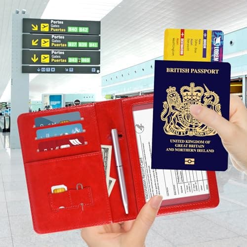 DMLuna Passport Holder, Premium PU Leather Travel Passport Wallet RFID Blocking Passport Cover Case Travel Documents Organizer with Pen Holder, for Women and Men - Red — view 2