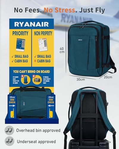 ECOHUB Ryanair Cabin Bags 40x30x20, Underseat Travel Bag with 9 Pockets, Recycled PET Eco Friendly Hand Luggage Backpack, Lightweight Rucksack for Women & Men, Carry on Bag with USB Port 20L,BlueGreen — view 2
