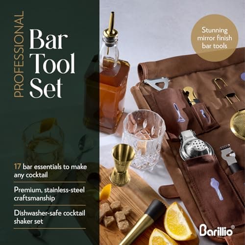 Barillio Bartender Kit Bag with Gold Cocktail Shaker Set - Waxed Canvas, Traveling Bar Tools Bag with 17-Pc Cocktail Kit - Travel Mixology Bartending Kits - Mobile Bar Roll with Strap & Accessories — view 6