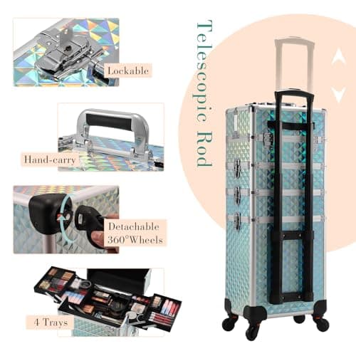 Joligrace 4-in-1 Tall Vanity Case Rolling Box Makeup Box Hairdressing Trolley on Wheels Beauty Trolley on Wheels Professional Makeup Organiser Storage Nail Technician case with Locks (Mint Green) — view 5