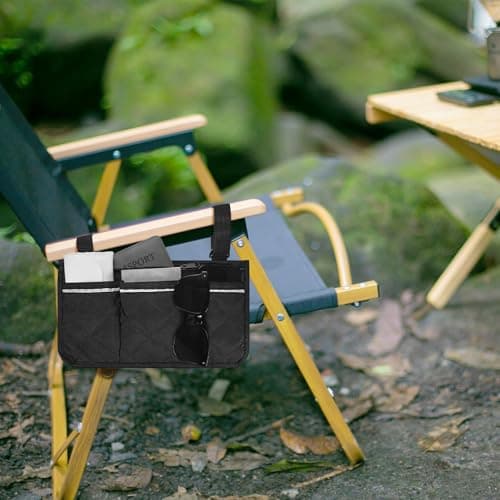 TIXIPEM 12.8"x7" Beach Chair Armrest Bag [2-Pack] - Waterproof Polyester Adjustable Straps Reflective Strip Beach Chair Organizer Use for Camping & Stadium & Patio Chairs [Black] — view 2
