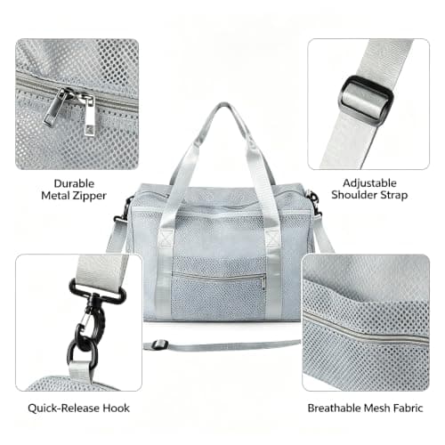 Small Gym Bag for Women Men Sports Duffle Bag Mesh Travel Bag with Shoes Compartment and Wet Pocket Fitness Tote Holdall Overnight Weekend Handbag for Travel Yoga Swim Training Workout (Grey) — view 6
