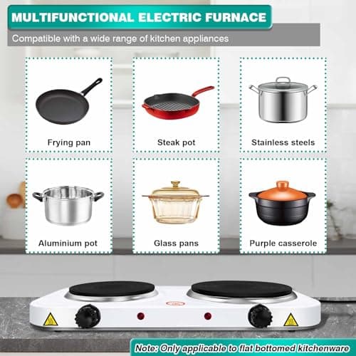 Electric Hot Plate 2 Ring Hobs with Cast Iron Heating Plates and Variable Heat Settings Control 1000W & 1500W Hobs, Overheat Protection Ideal for Cooking for Home/Travel/Camping and Caravans White — view 4