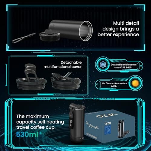 VFZO Temperature Control Heated Travel Mug Smart Self Heating Coffee Mug 20 Oz App Controlled LED Display coffee serving sets mug kept at a constant temperature for 4-10 hours (Black, 20 oz) — view 4