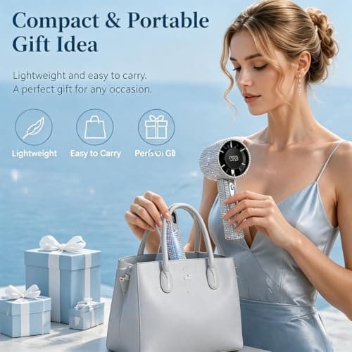 Glitter Diamond-Design Handheld Fan, Portable Turbo Fan with 100-Speed Adjustable Airflow, 1800mAh Rechargeable Mini Fan with LED Display, Quiet Personal Cooling Fan for Travel Office Outdoor (Silver) — view 5
