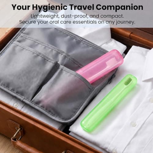 2pcs Travel Toothbrush Case, Toothbrush Cover for Travel with Drain Hole, Matte Green Pink Toothbrush Case Storage Box for Travel Camping School Business — view 3