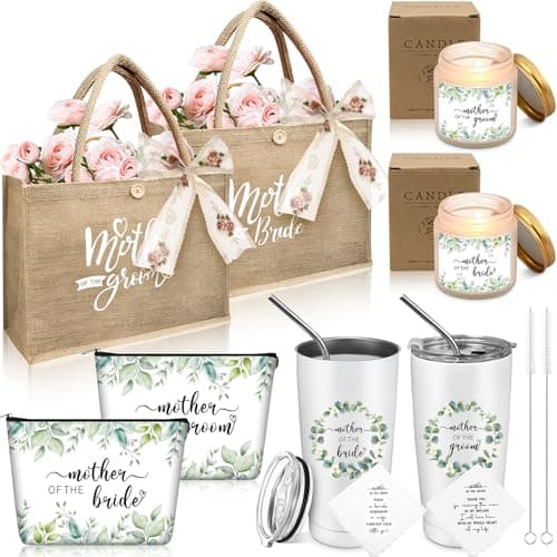 2 Sets Mother of Bride and Groom Gifts, Includes 590 ml Insulated Cups with Straw Handbag Makeup Bag Wedding Handkerchief Candles for Mom Mother in Law Bridal